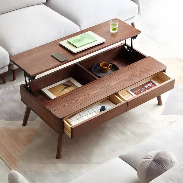 Quorren Modern 39.37 in. Walnut Finish Rectangle Solid Wood Coffee Table with Lift-up Top, Drawers