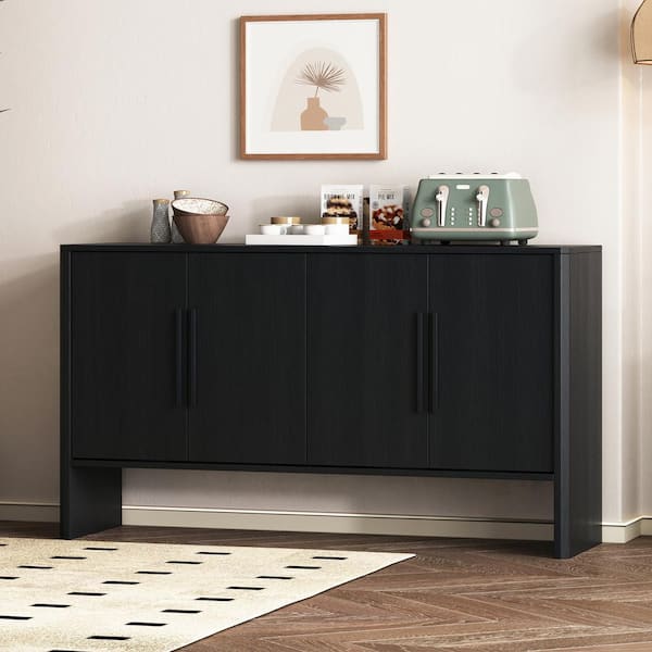 Harper & Bright Designs Black MDF 59 in. Storage Cabinet Sideboard with Adjustable Shelves and 4 Doors, Long Handles