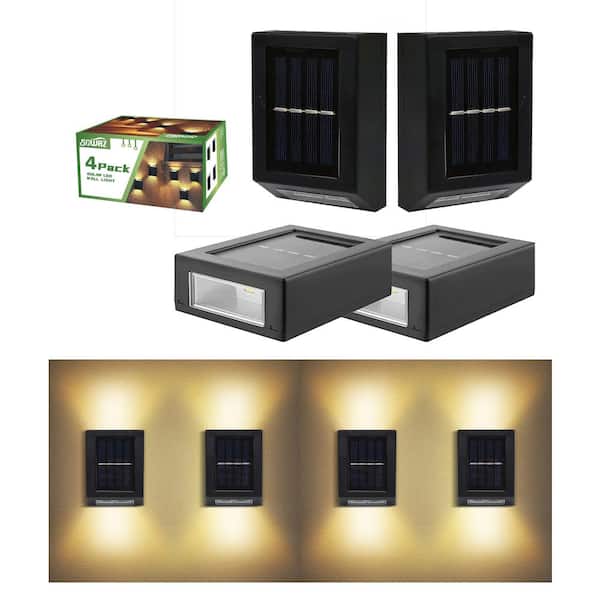 SOWAZ Solar Outdoor Black 3 LED Up Down Landscape Flood Light Wall Light with Fashion Pattern Design Waterproof Warm, (4-Pack)