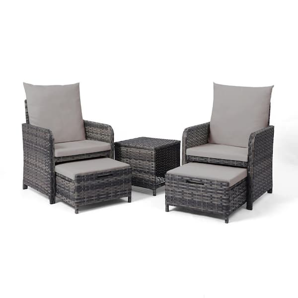 Uixe Gray 5-Piece Outdoor Rattan Wicker Patio Conversation Sofa Ottoman and Table Set with Gray Cushions