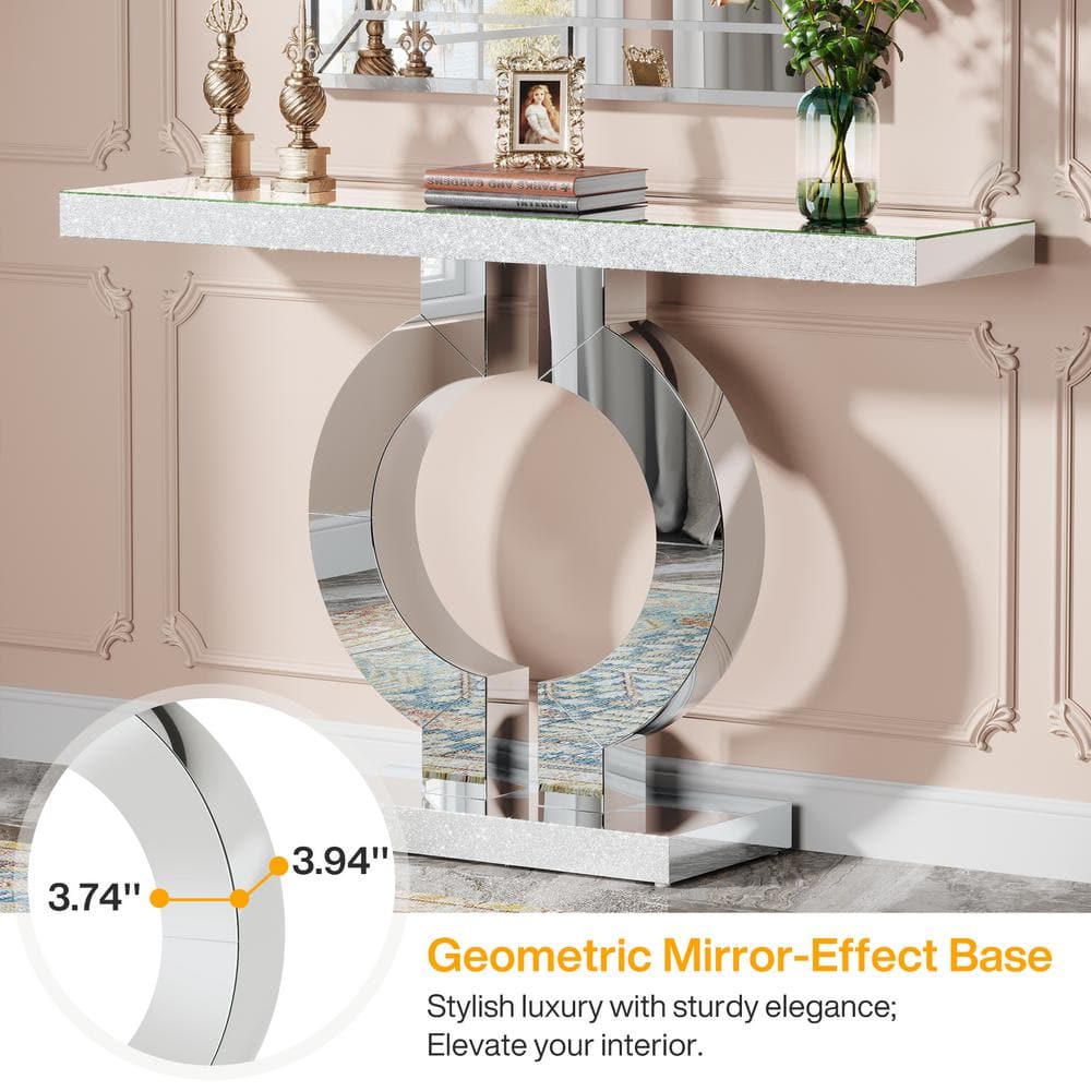 Silver Mirrored Glass Console Table with O-Shaped Base