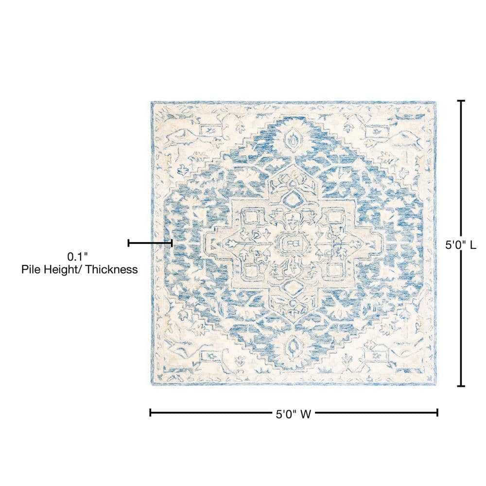 Ivory and Blue Square Tufted Wool Rug, 5' x 5'