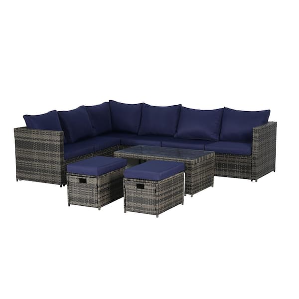 6 Pieces All Weather Wicker Rattan Outdoor Conversation Set with Dark Blue Cushions and Glass Coffe Table