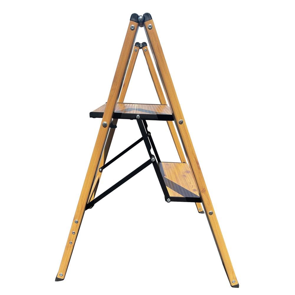 Tan 2-Step Aluminum Wood Grain Folding Ladder
