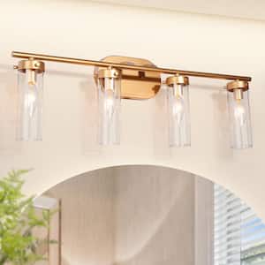 28 in. W Antique Gold Arched Mirror Bathroom Powder Room 2-Light Vanity Light with Cylinder Clear Glass Shades
