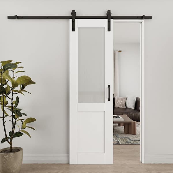 ARK DESIGN 24 in. x 80 in. 1/2-Lite Tempered Frosted Glass White Primed MDF Composite Sliding Barn Door with Hardware Kit