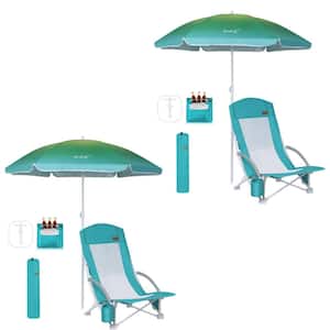 2-Piece Blue Metal High Back Camping Folding Beach Chair with Umbrella, Cooler and Carry Bag for Adults