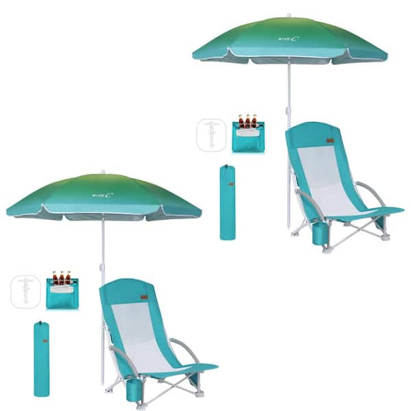 Angel Sar 2-Piece Blue Metal High Back Camping Folding Beach Chair with Umbrella, Cooler and Carry Bag for Adults