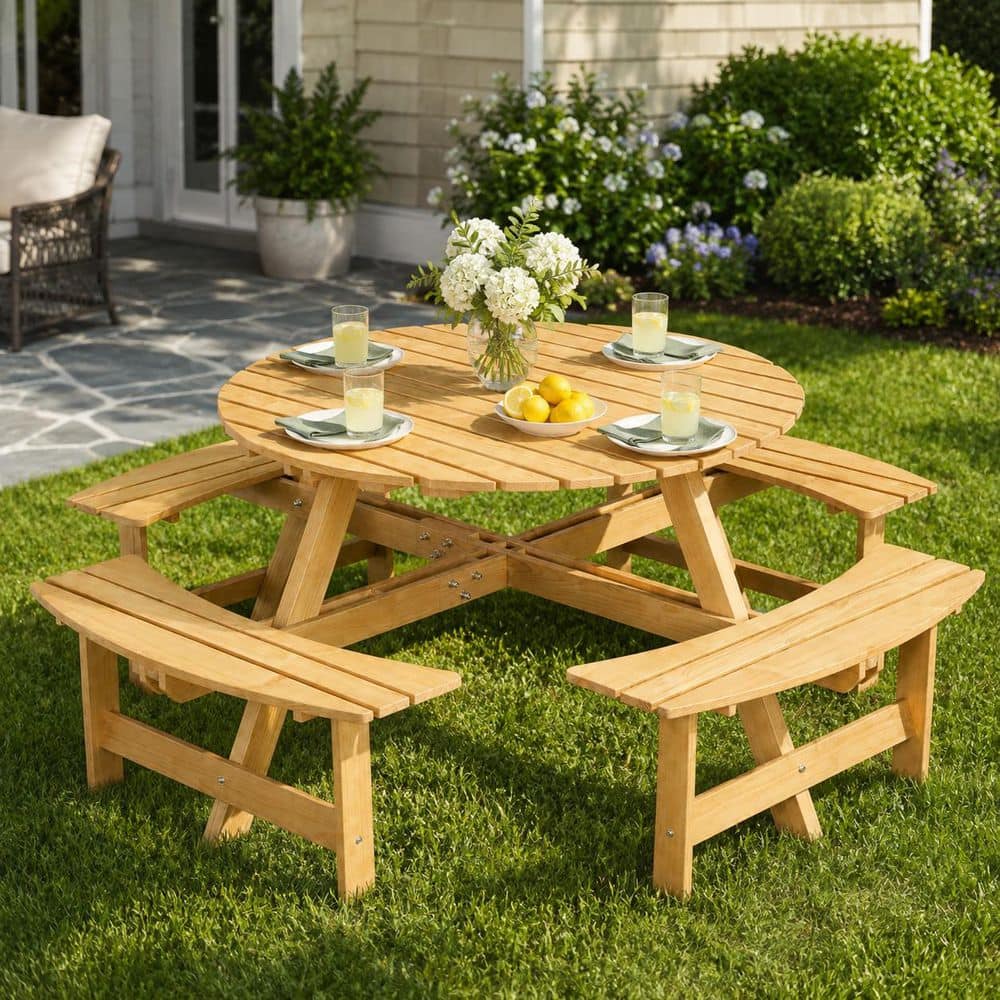70.07 in. Natural Round 8 Person Wood Outdoor Picnic Table with 4 Built-in Benches Umbrella Hole price history on PriceWatchPro