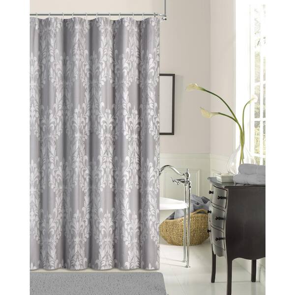 Unbranded Floral Damask 72 in. Silver Cotton Blend Shower Curtain