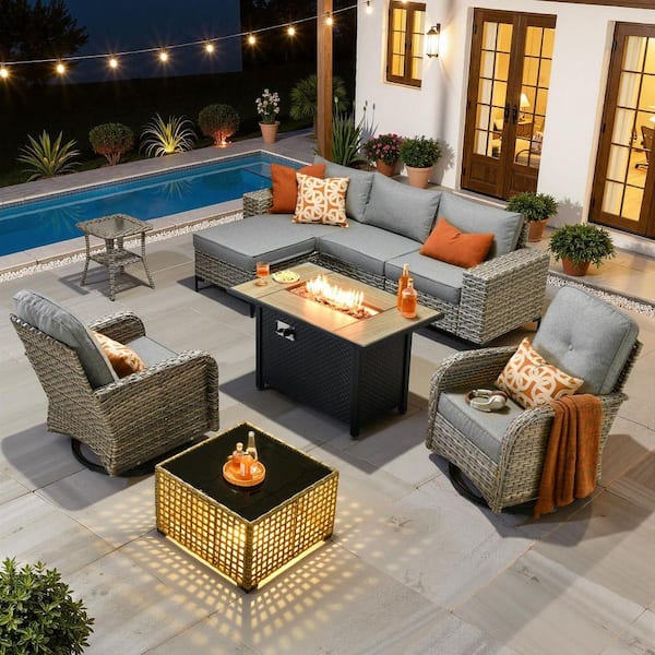 Verano 9-Piece Wicker Outdoor Patio Conversation Sofa Swivel Chairs Set with Metal Fire Pit and Dark Gray Cushions