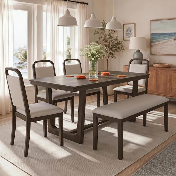 Brown 6-Piece Dining Table Set, Rectangular Kitchen Table with 4 Upholstered Chairs & 1 Bench, Seats for 6