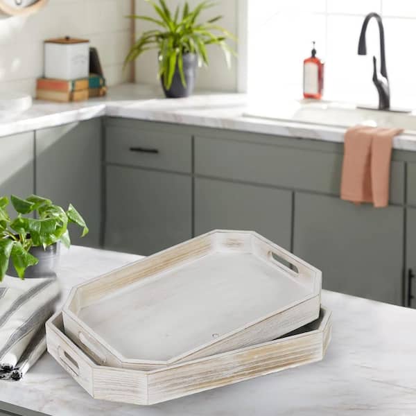 Unbranded 2-Piece Whitewash Wood Serving Trays