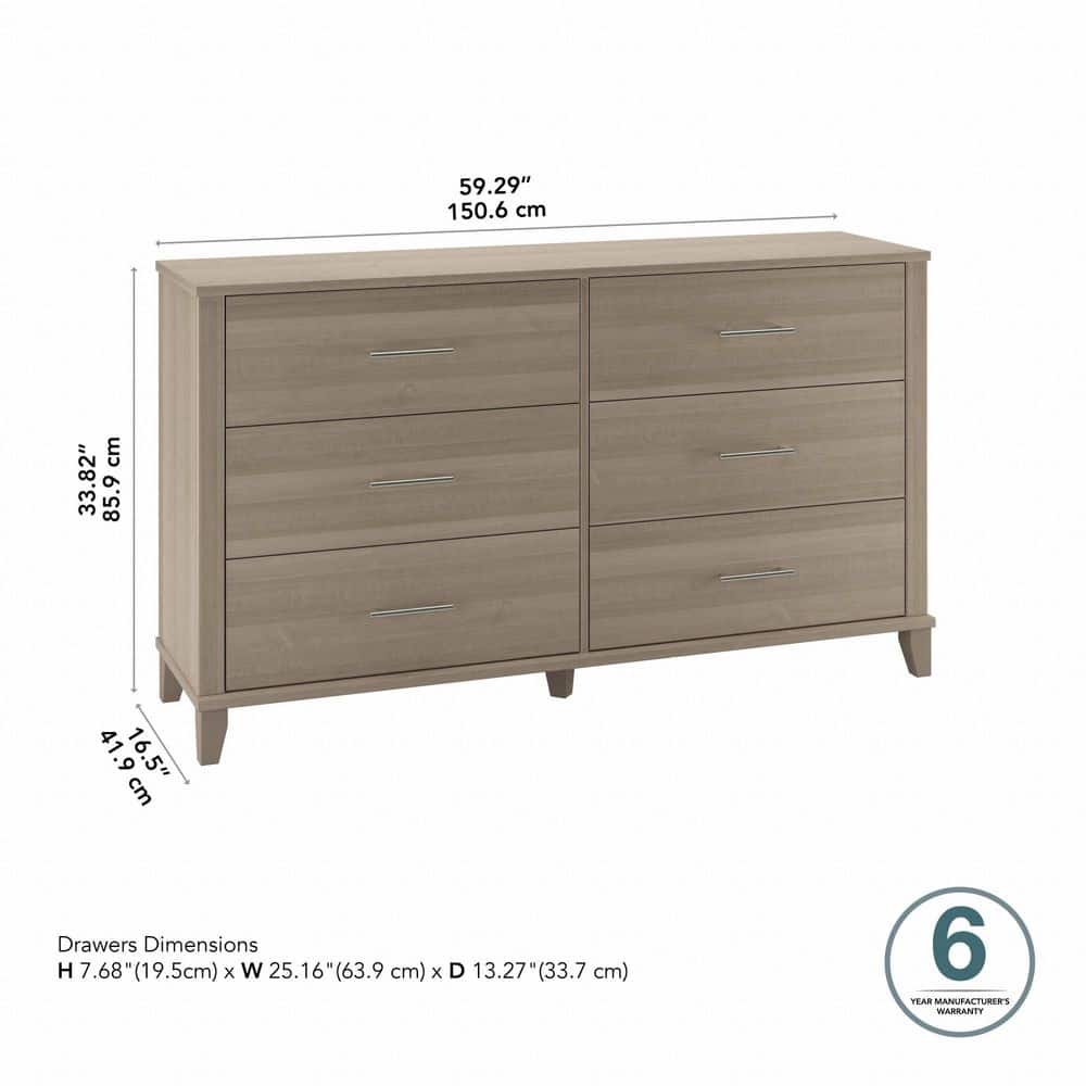 Ash Gray Mid-Century Modern 6-Drawer Dresser