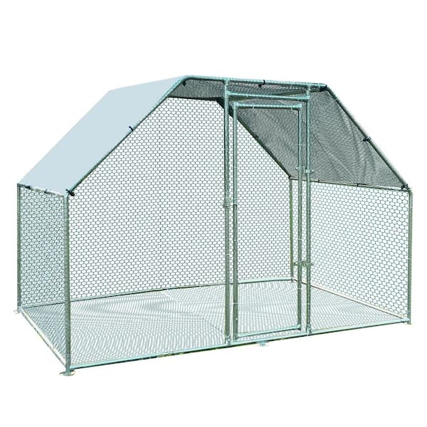 Amucolo 9.8 ft. x 6.5 ft. Metal Chicken Coop, Walk-In Chicken Run Flat Shaped Cage with Waterproof and Anti-Ultraviolet Cover