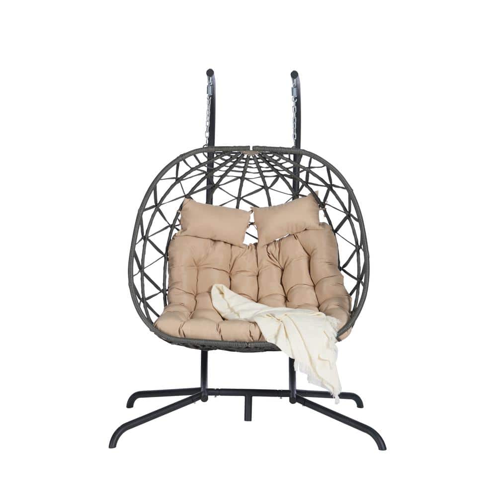 2 Person Wicker Outdoor Rattan Hanging Chair Patio Swing Wicker Egg Chair W