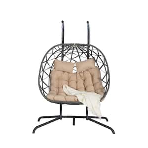 2 Person Wicker Outdoor Rattan Hanging Chair Patio Swing Wicker Egg Chair With Khaki Cushion