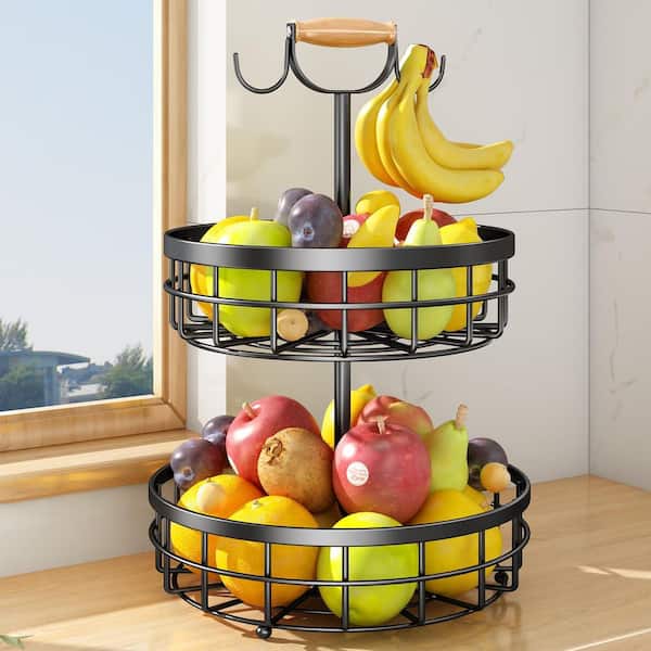 1 Piece Vegetable Storage with 2-Banana Tree Hanger, 2-Tier Fruit Basket Bowl for Bread, Onions, Potatoes
