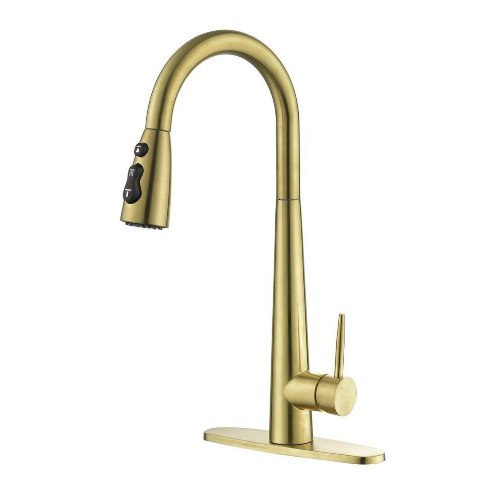 Single Handle Pull Down Sprayer Kitchen Faucet with Deck Plate in Brushed G