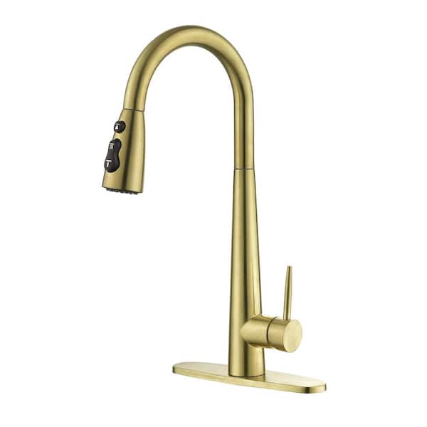 Unbranded Single Handle Pull Down Sprayer Kitchen Faucet with Deck Plate in Brushed Gold