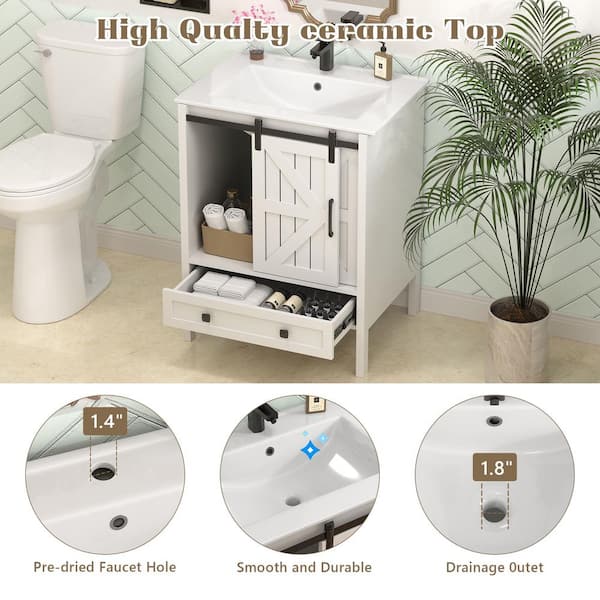 24 in. Single Sink Freestanding White Barn Door Bath Vanity with Ceramic Top Unassembled, Rustic Sliding Cabinet