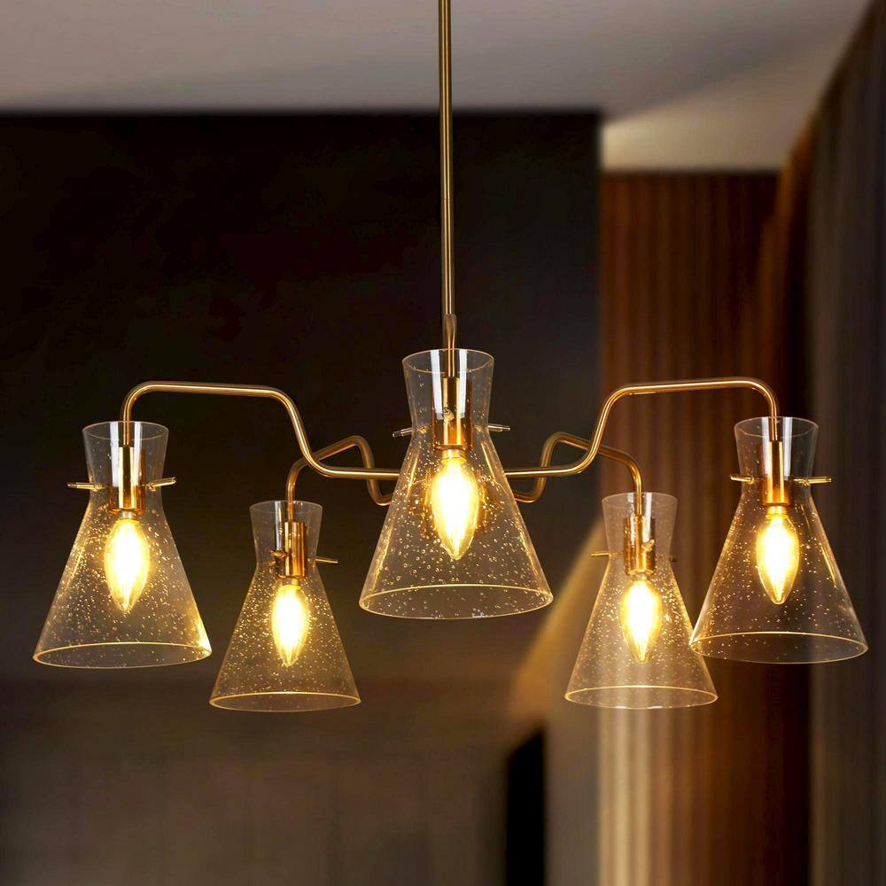 Modern Farmhouse Island Chandelier Lights, 5-Light Transitional Electroplated Brass Chandelier with Seeded Glass Shades price history on PriceWatchPro