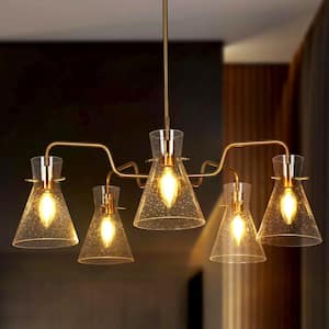 Modern Farmhouse Island Chandelier Lights, 5-Light Transitional Electroplated Brass Chandelier with Seeded Glass Shades