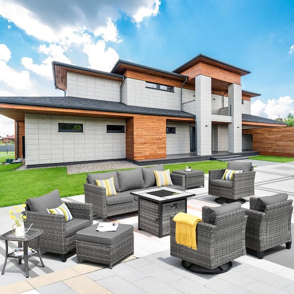 HOOOWOOO Lake Powell Gray 9-Piece Wicker Patio Conversation Fire Pit Seating Set with Dark Grey Cushions