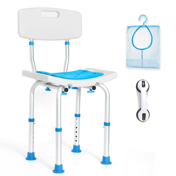 Numhew Adjustable Aluminium Shower Chair in Blue and White with Back, Assist Grab Bar and Toiletry Bag for Elderly