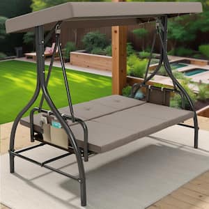 3-Seat Brown Patio Swing Chair with Adjustable Canopy and Removable Cushion
