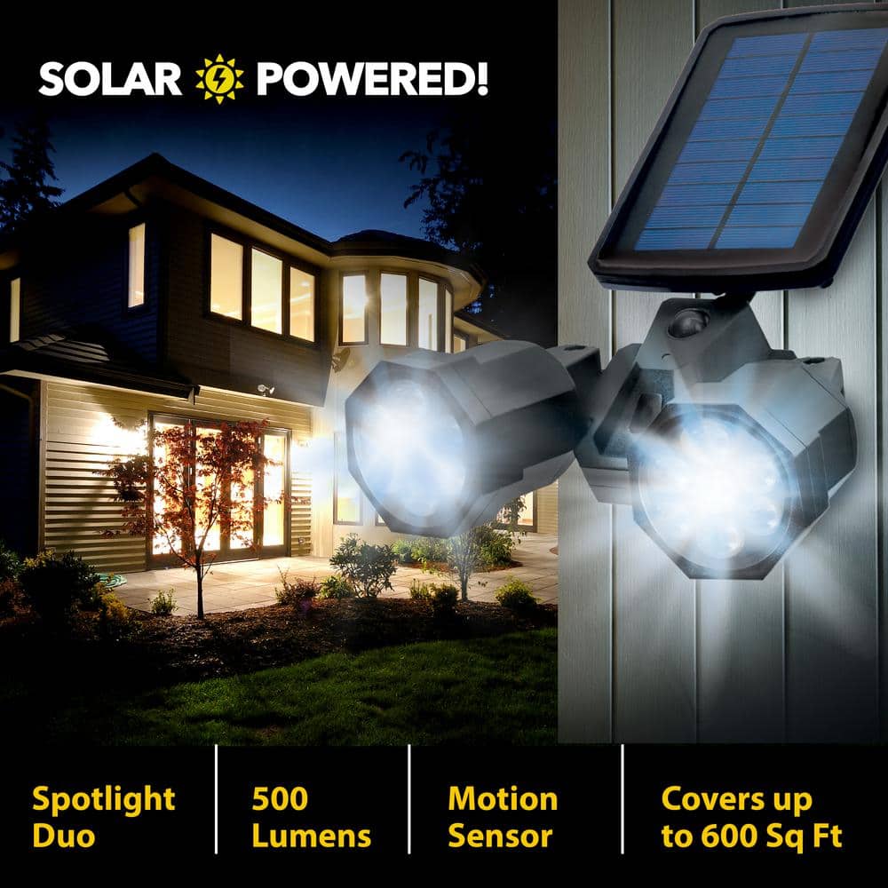 Dual Motion-Sensing Solar LED Black Spotlight, 500 Lumens Outdoor