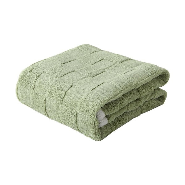 Jacquard Checkered Green Fluffy Flannel Fleece 79 in. x 91 in. Blanket