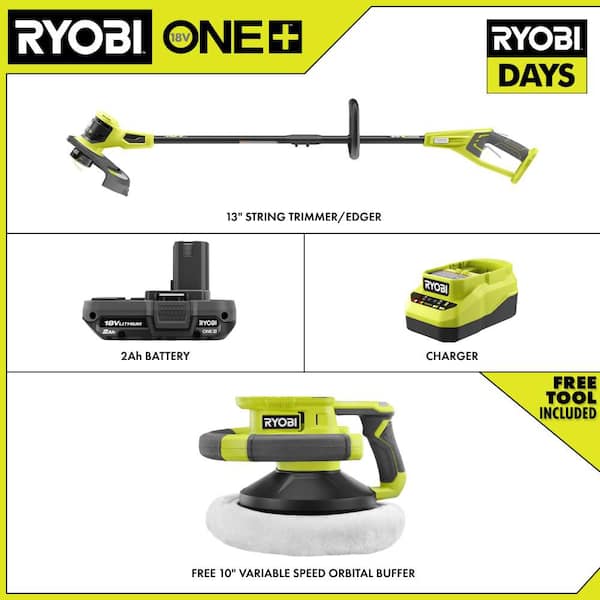 ONE+ 18V 13 in. Cordless Battery String Trimmer with 2.0 Ah Battery, Charger, and FREE Cordless 10" Random Orbit Buffer