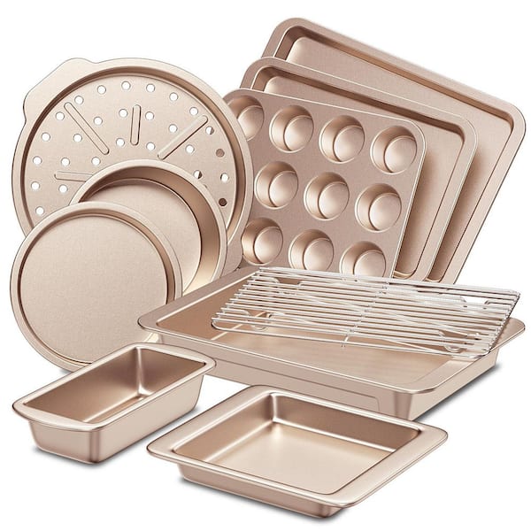 Non-Stick 10-Piece Bakeware Set with Lids, Wider Grips, Dishwasher Safe, Heat-Resistant and PFOA-Free, in Gold