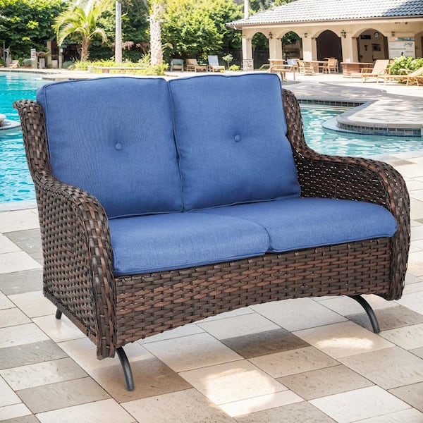 Gymojoy Carolina 2-Person Borwn Wicker Rocking Bench Outdoor Glider Patio Rattan Loveseat with Blue Cushions