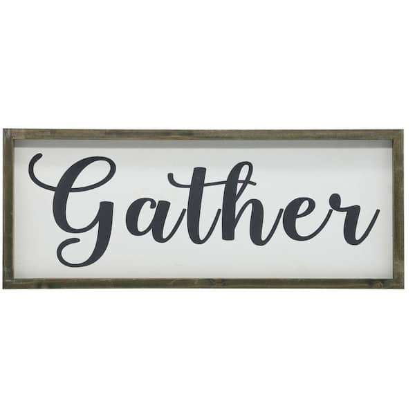 Benjara Brown and White Rectangular Wooden Gather Typography Decorative Sign
