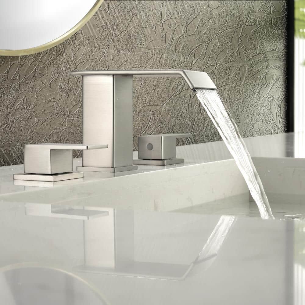 Brushed Nickel 8-Inch Widespread Waterfall Bathroom Faucet