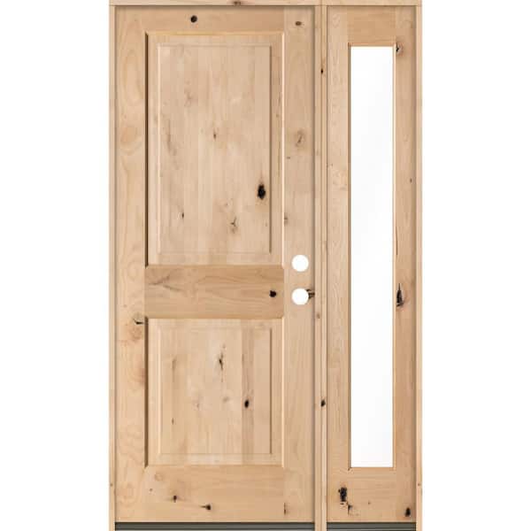 Krosswood Doors 44 in. x 80 in. Rustic Unfinished Knotty Alder Square-Top Left-Hand Right Full Sidelite Clear Glass Prehung Front Door