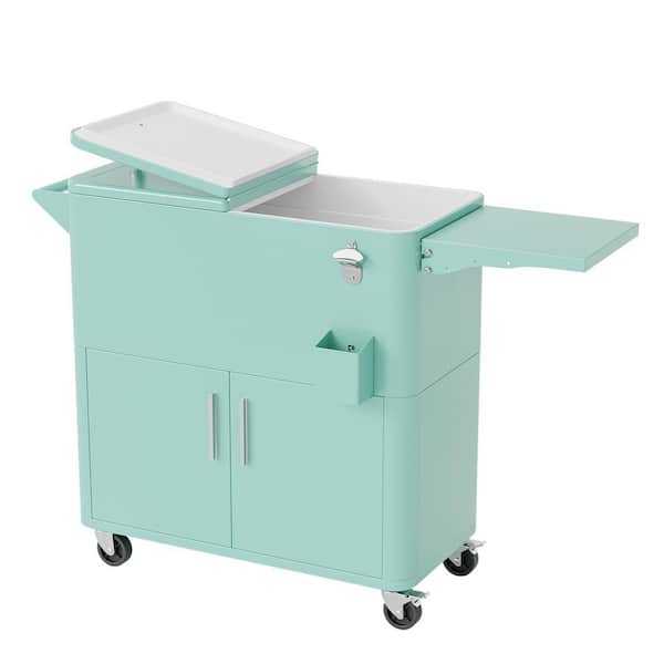 80 qt. Patio Cooler Cart With Cabinet And Foldable Side Table in Green