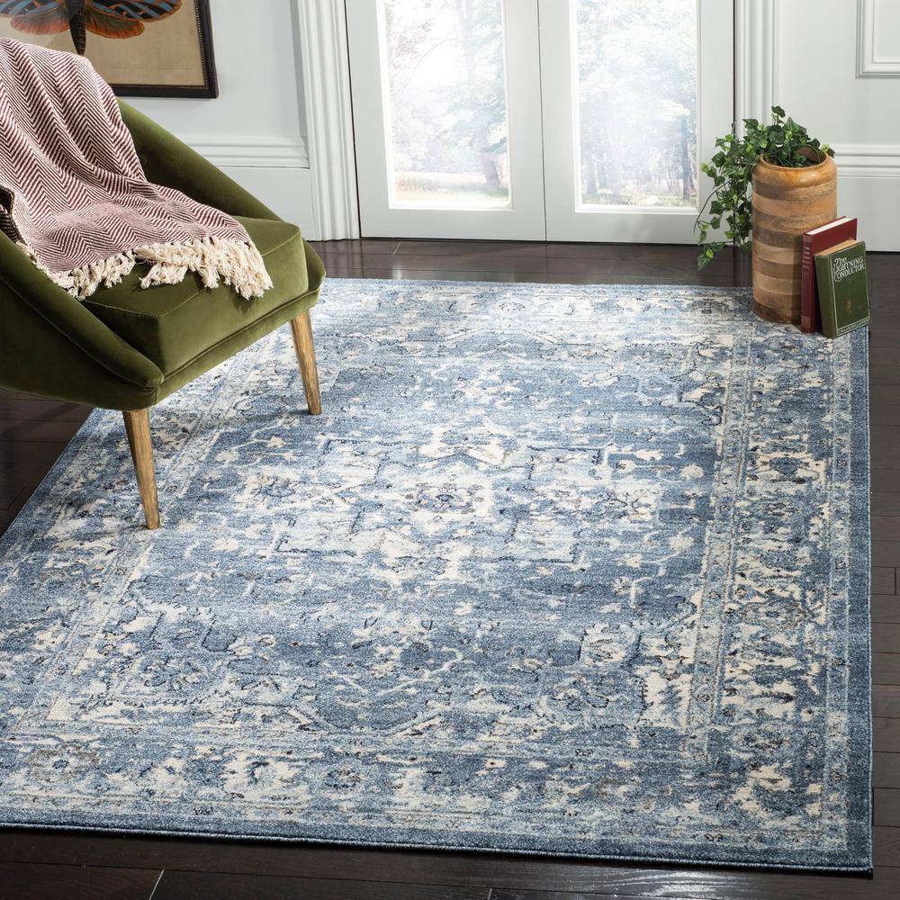 Blue Floral Motif Synthetic Low Pile Area Rug