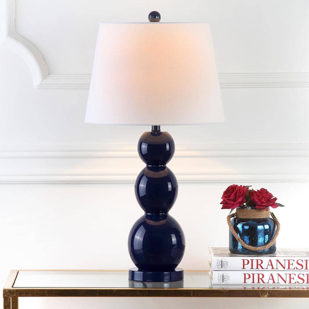 Elegant Navy Glass Table Lamp Set with Graduated Orbs and Off-White Shade