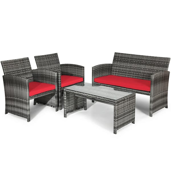 WELLFOR 4-Piece Wicker Patio Conversation Set with Red Cushions