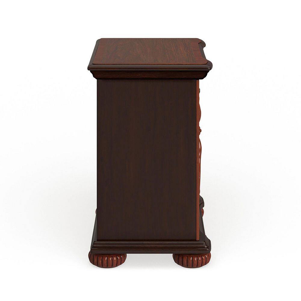 Side view of a traditional brown cherry 3-drawer nightstand.