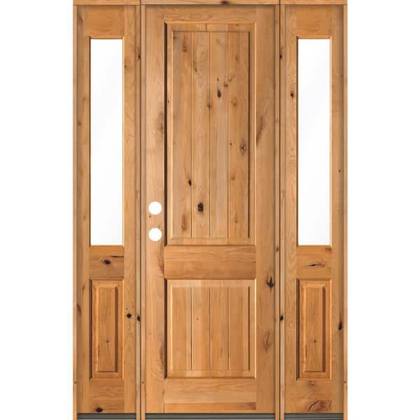 Krosswood Doors 58 in. x 96 in. Rustic Knotty Alder Square Clear Stain Wood V-Groove Right Hand Single Prehung Front Door/Half Sidelites