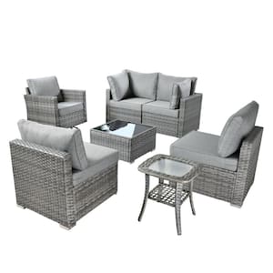 Sanibel Gray 7-Piece Wicker Patio Conversation Sofa Sectional Set with a Swivel Chair and Dark Gray Cushions