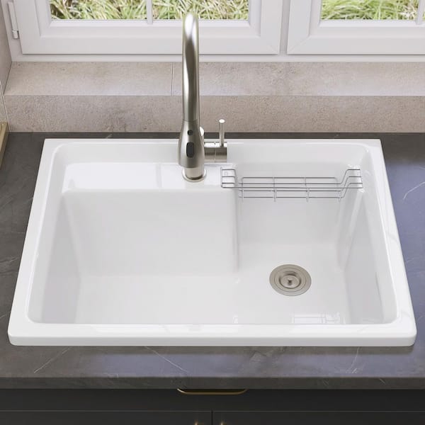 All-in-One 30 in. W x 22 in. Drop-in Laundry/Utility Sink with Faucet and Drainer Solid Surface in Glossy White