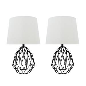 22 in. Matte Black Metal Wire Table Lamp with Hardback Empire Shaped Lamp Shade in Off White (2-Pack)