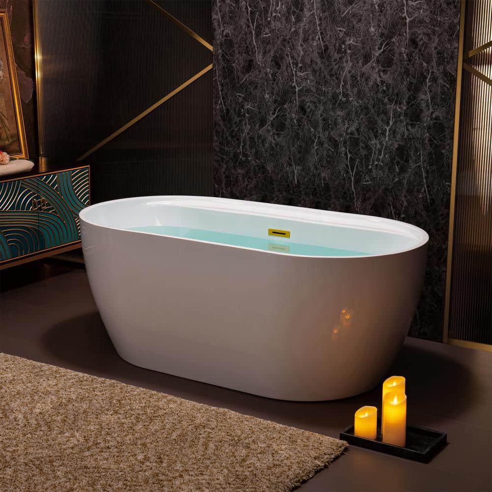 59" White Acrylic Freestanding Soaking Bathtub with Brushed Gold Trim