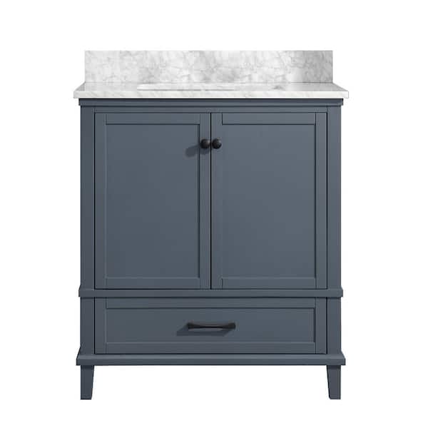 Merryfield 31 in. Dark Blue-Grey Vanity with Marble Top and 24 in. Mirror Combo