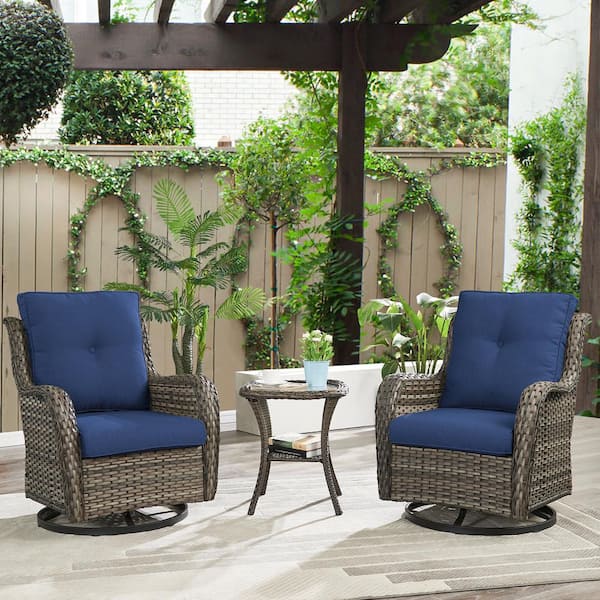 Opohoro ArcoBay 3-Piece Gray Wicker Swivel Outdoor Rocking Chairs Patio Conversation Set with Olefin Blue Cushions